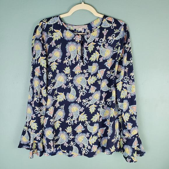 Loft Blue Floral Paisley Keyhole Bell Cuff Sleeve Blouse Size Medium - Picture 1 of 8